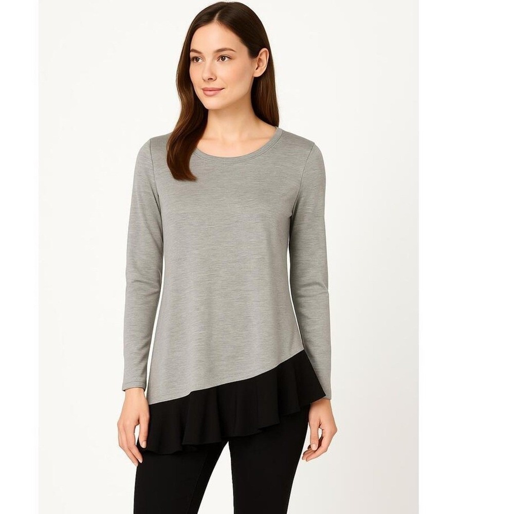 Fever Blouse Womens Small Gray Black Lace Long Sleeve Layered Look Ruffled Hem